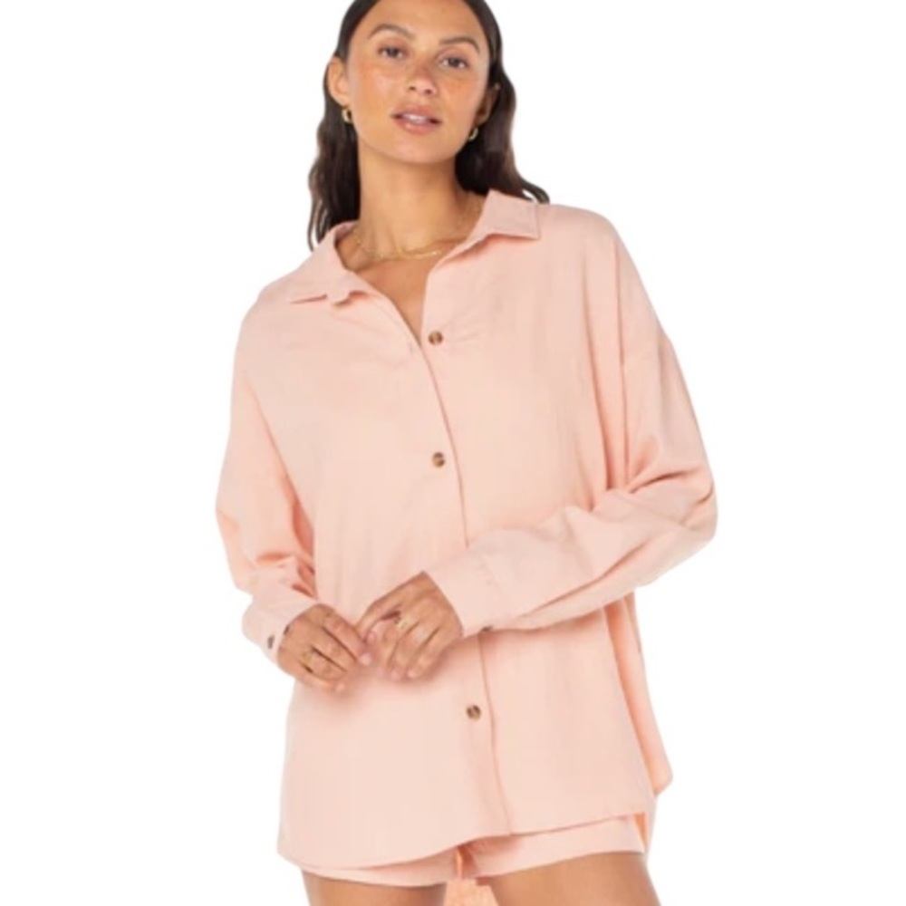ROXY | LINEN Blend ‘Morning Time’ Structured Peach Long Sleeve Button Up Shirt